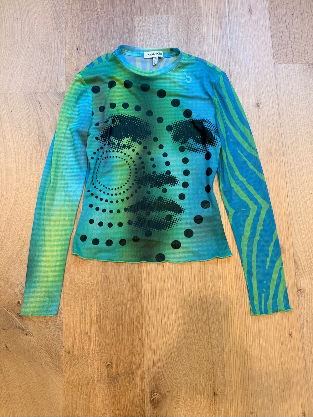 Another Girl Y2K Abstract Face Graphic Mesh Top Small